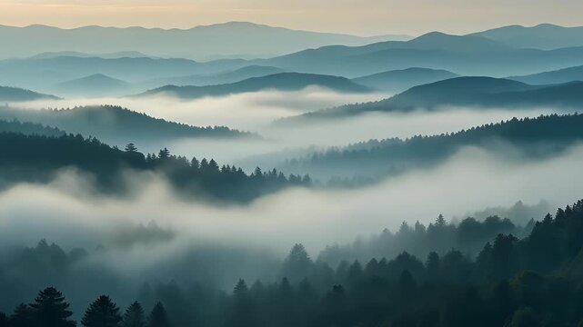 Forested mountain ridges with drifting fog at dawn.