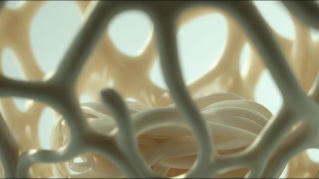 Cream colored abstract organic lattice with intricate porosity and flowing generative design, evoking trabecular bone and cellular networks in a modern biomimetic texture