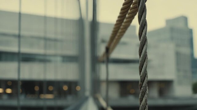 Close up view of strong metal cables and thick ropes forming structural elements on a contemporary building with a blurred city background, symbolizing connection and progress