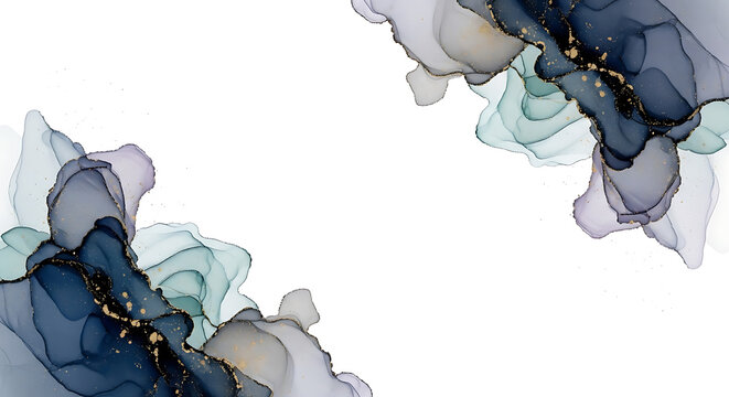 Blue and green abstract ink swirls with gold accents on white background