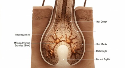 Fototapeta premium Scientific 3D render of hair bulb anatomy showing active melanocyte cells producing melanin pigment granules within hair matrix and dermal papilla