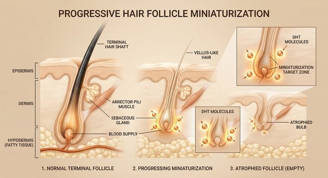 Scientific 3D infographic of progressive hair follicle miniaturization showing transition from normal terminal follicle to atrophied empty follicle due to DHT molecules