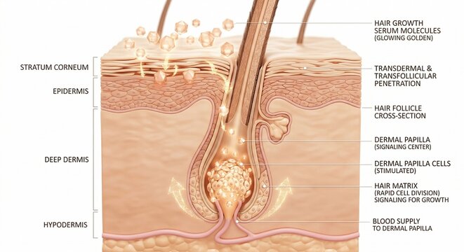 Scientific 3D cross section of skin showing hair growth serum molecules penetration through epidermis to dermal papilla and hair matrix