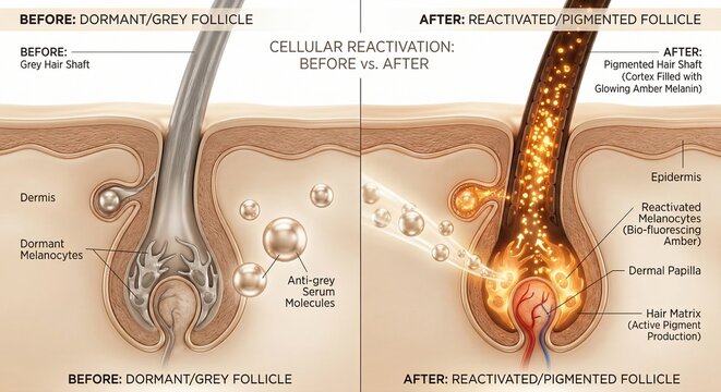 Scientific beauty 3D render. Before-after cross-section shows anti-grey hair serum reactivating melanocyte cells, restarting pigment production with glowing amber particles filling the cortex