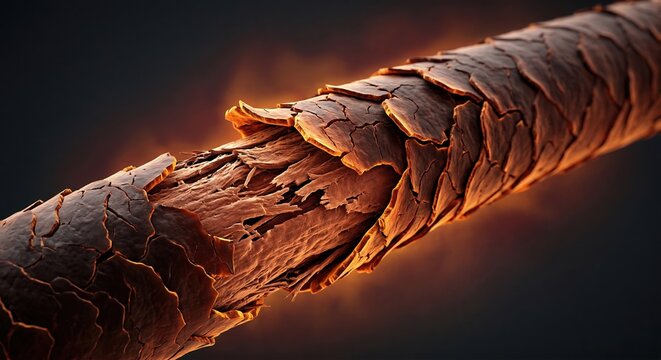 Scientific 3D render of damaged hair shaft restoration showing keratin mask molecules filling cortex cracks and smoothing damaged cuticle scales