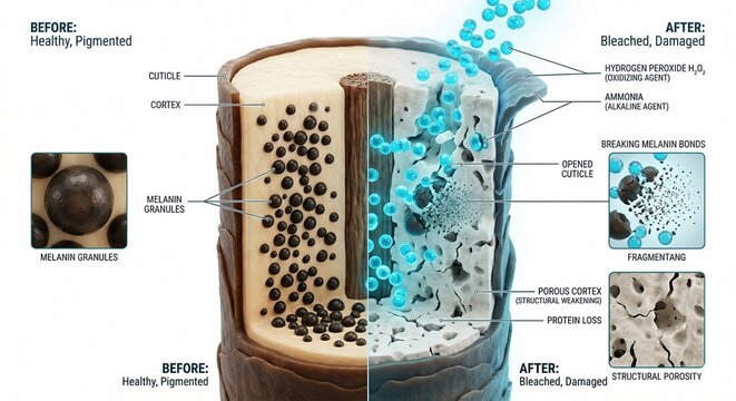 Scientific comparison of healthy pigmented hair vs bleached damaged hair showing melanin granules breakdown, cuticle erosion and structural porosity