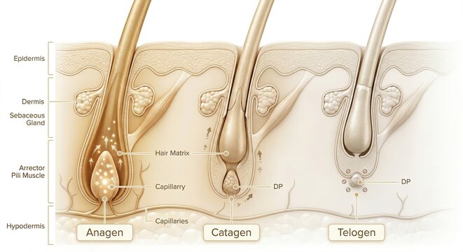 Scientific 3D render of anti-grey serum reactivating melanocytes. Glowing amber pigment particles refill the hair cortex, restoring natural color to a grey strand in a macro medical view