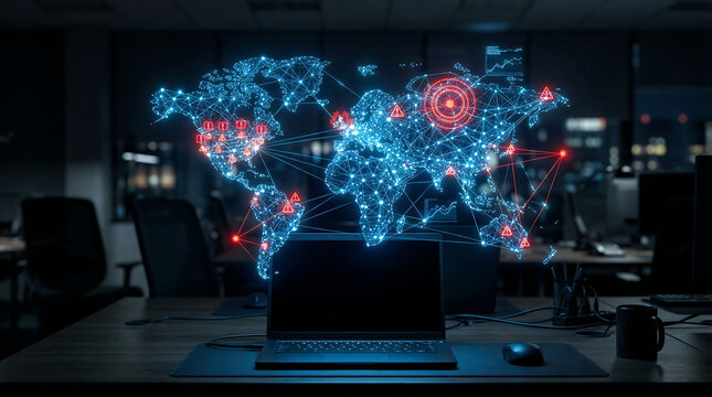 Glowing Holographic World Map with Red Cyber Threat Warning Alerts and Attack Routes Above Laptop in Dark Office Night Scene
