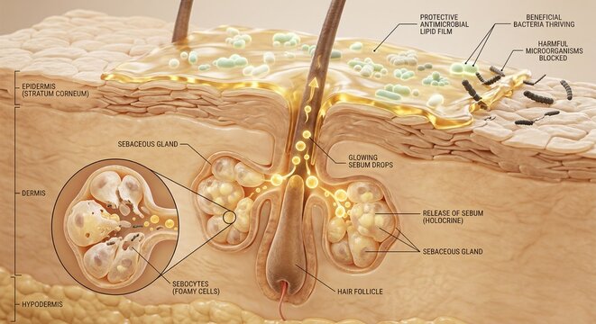 Scientific medical 3D visualization of skin layers showing hair follicle, sebaceous glands, sebum production, and protective antibacterial barrier against harmful microorganisms.