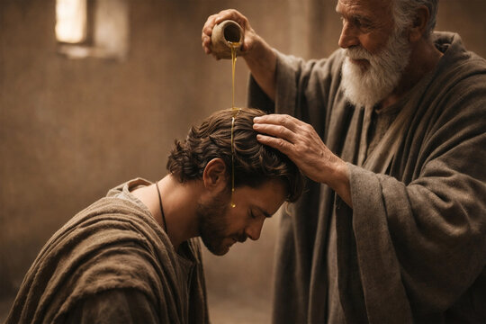 The prophet Samuel anoints young David with oil in a sacred biblical ceremony.