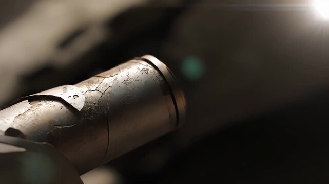 Old painted metal pipe with cracked, peeling texture lit by a warm, bright lens flare and starburst, dramatic close up highlighting weathered industrial surface and glowing detail