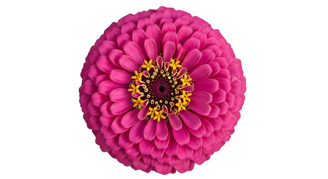 Bright pink zinnia flower head close up isolated with white background