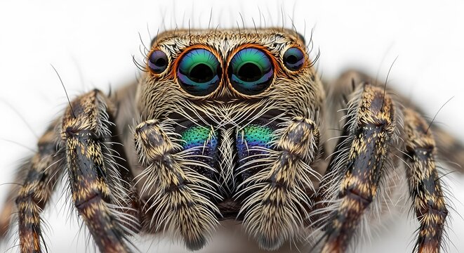 Macro Photography of a Colorful Jumping Spider on White Background.