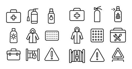 Fototapeta premium Safety and first aid icons arranged in grid on white background