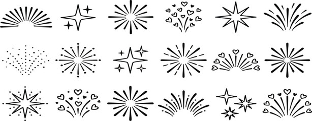 Obraz premium Line icon ray, confetti element set. Starburst line art with hand drawn glitter spark, pop icon shapes and surprise emphasis elements. Decorative sketch style for a sunshine ray vector illustration