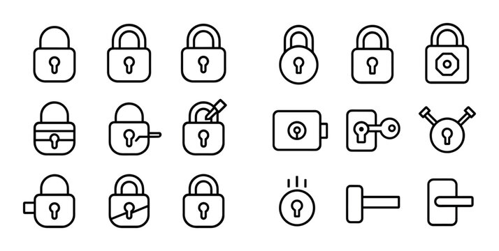 Various lock and latch icons grouped on white background