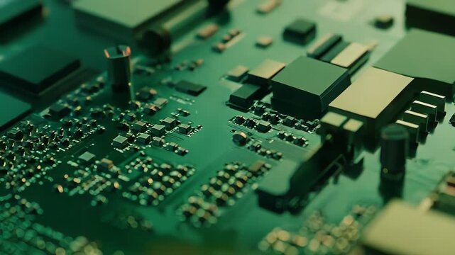 Green circuit board displaying intricate pathways and mounted microchips, symbolizing modern technology, innovation, and digital connectivity in computing hardware and electronics