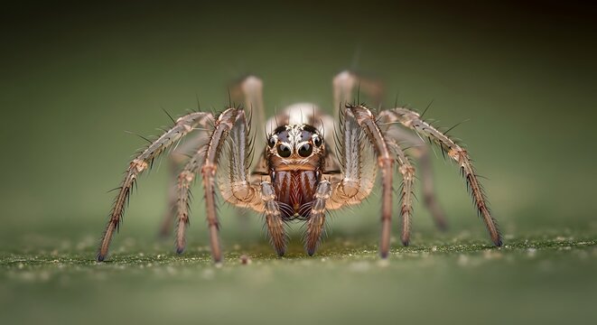 Macro Photography of a Jumping Spider on a Textured Green Surface.