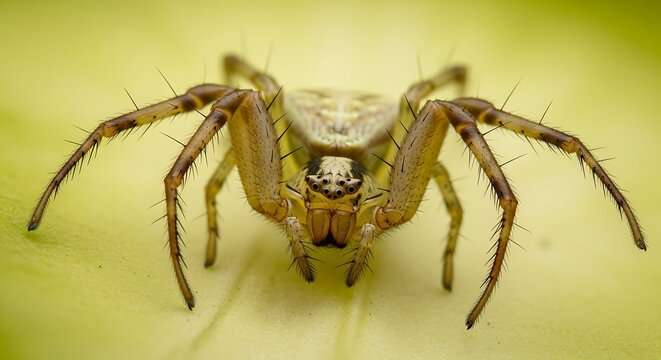 Macro Photography of a Spider on a Yellowish-Green Surface.