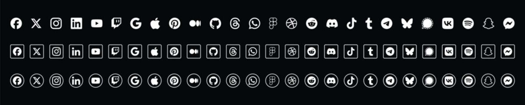Collection of popular social media icons in three different styles vector illustration