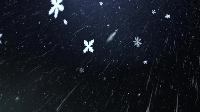 Snowflakes and raindrops falling against a dark background, winter weather and atmospheric precipitation overlay.