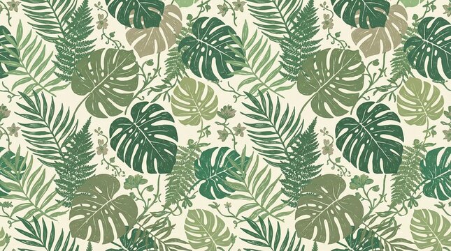 Seamless pattern of various green tropical leaves on a cream background with a natural and serene mood.