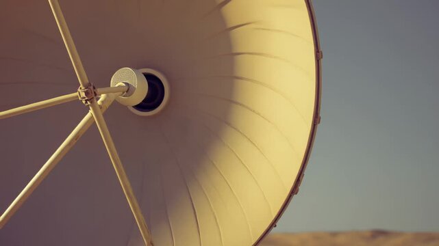 Satellite dish antenna capturing or transmitting signals, curved metal surface reflecting sunlight, with clear sky and distant hazy land creating a modern technology concept