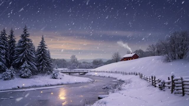 Snowy winter landscape with a wooden cabin on a hill by a frozen river at twilight, pine trees covered in snow during a gentle snowfall.