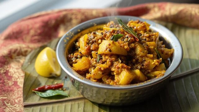 Spicy homemade lemon pickle served in a metal bowl on a banana leaf, traditional South Asian cuisine and authentic culinary concept.