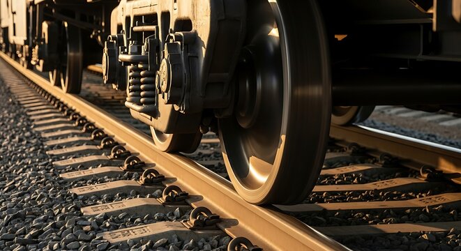 Close-up view of train wheels rolling on railway tracks.