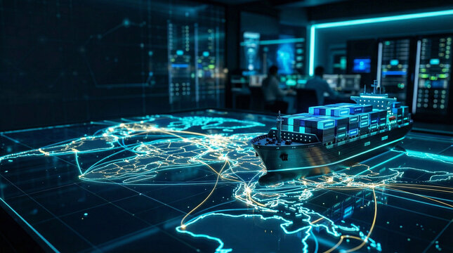 Global Shipping Network: A high-tech control room monitors a model cargo ship traversing a digital world map, symbolizing the intricate network of global trade and logistics.