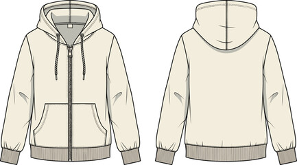 Technical flat sketch of a cream zip up hoodie sweatshirt with front pockets and drawstring hood for fashion design mockups. © BIPUL