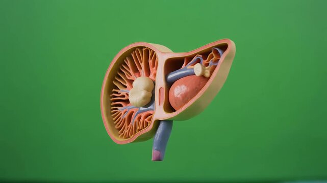 Human liver anatomy model rotating cutaway on green background.