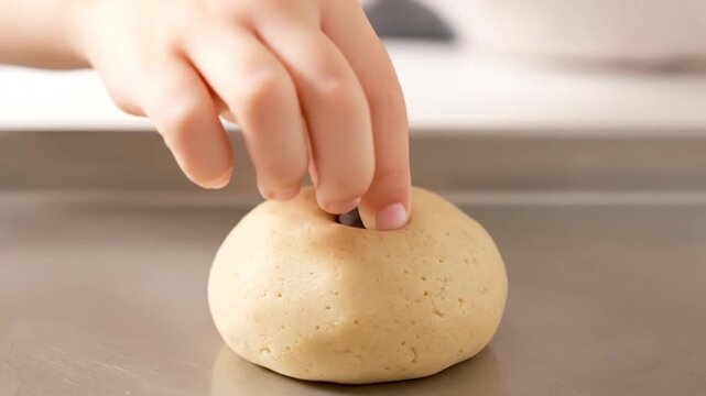 Close Up of a Childs Hand Pressing a Chocolate Chip into Raw Cookie Dough Ball on a Metal Baking Sheet