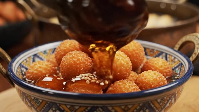 Delicious deep fried lokma balls being drizzled with sweet syrup and sesame seeds for a tasty dessert