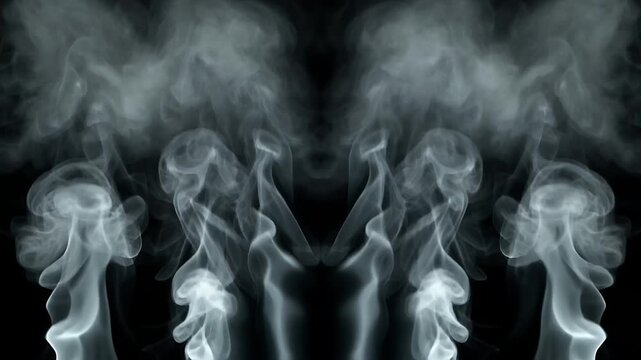 Mirrored swirling smoke wisps forming abstract patterns on black.