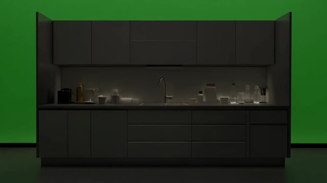Modern gray kitchen interior with undercabinet lighting and sink.