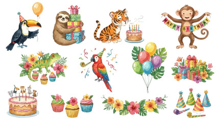 Cute jungle animals, birthday party elements, tropical flowers in watercolor style for kids celebration and festive design. Collection of Vector illustrations for invitation, card, poster, banner © maria