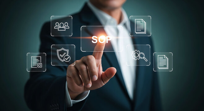 Business Person Touching Virtual SOP Button for Standard Operating Procedure Management