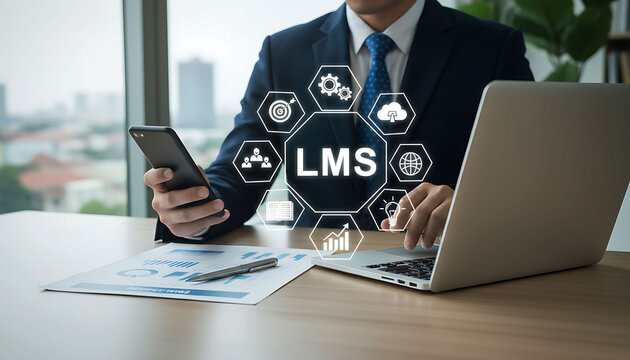 Businessman using laptop and smartphone managing Learning Management System LMS platform