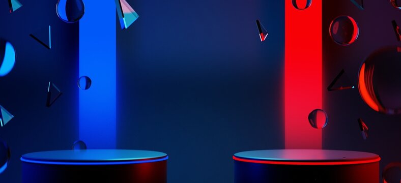 abstract backgound video game of scifi gaming cyberpunk, vr virtual reality simulation and metaverse, scene stand pedestal stage, 3d illustration rendering, futuristic neon glow room