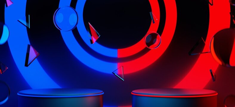abstract backgound video game of scifi gaming cyberpunk, vr virtual reality simulation and metaverse, scene stand pedestal stage, 3d illustration rendering, futuristic neon glow room
