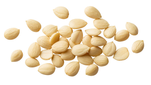 Pile of blanched almonds raw healthy and organic, isolated on transparent background