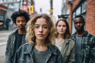 Fototapeta premium Portrait of a serious millennial group on an urban street, unsmiling and directly facing the camera