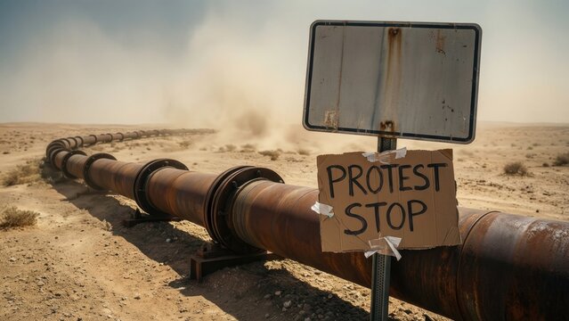 Rusty oil pipeline in a desert with a rough protest stop sign, symbolizing energy crisis, geopolitical blockade and tension around the Strait of Hormuz.

