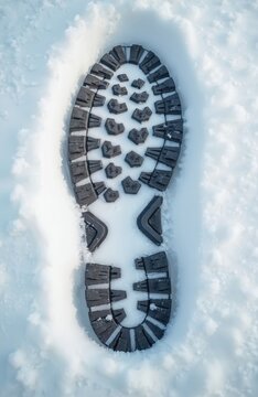 Close up of boot sole imprint in fresh white snow. A single clear track shows deep tread pattern, left by a hiker during winter outdoor exploration.