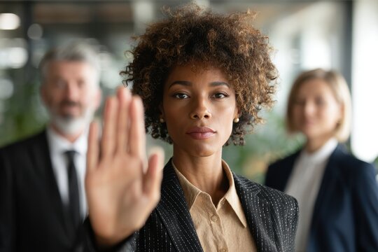 Professional woman asserts boundaries in a modern office as HR and manager provide support