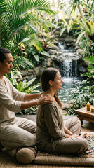 Fototapeta premium Sensual close-up of a tantric massage session for energy awakening and deep intimacy, set in a lush tropical garden with exotic plants and a blurred waterfall background