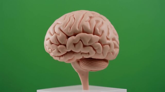Rotating human brain anatomical model on green background.