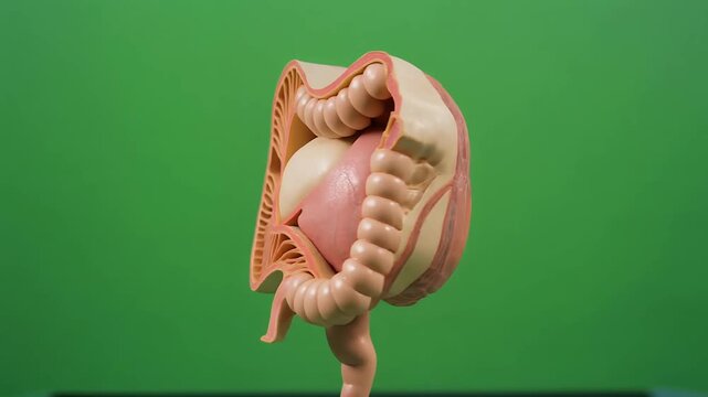 Rotating human digestive system anatomical model on green background.